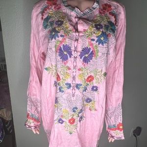 Johnny Was, Kaftan, pink w/ flowers embroidered dress
